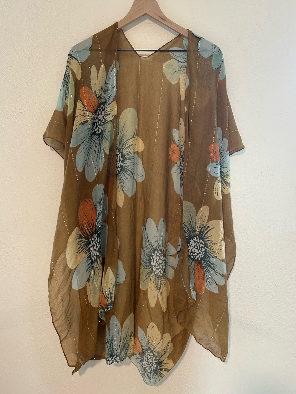 Jessica McClintock Brown Sheer Floral Kimono with Blooms Boho Artsy Beachy